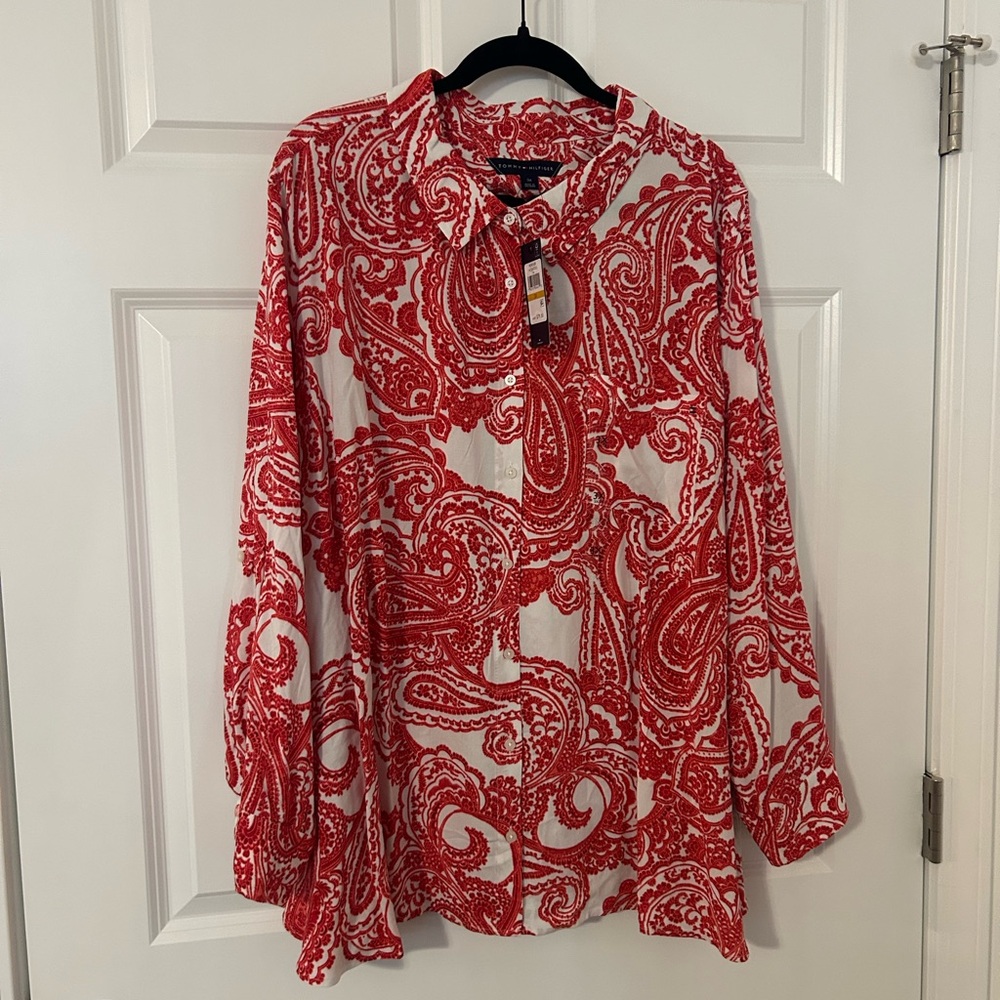 Tommy Hilfiger Red and White Paisley Blouse NWT